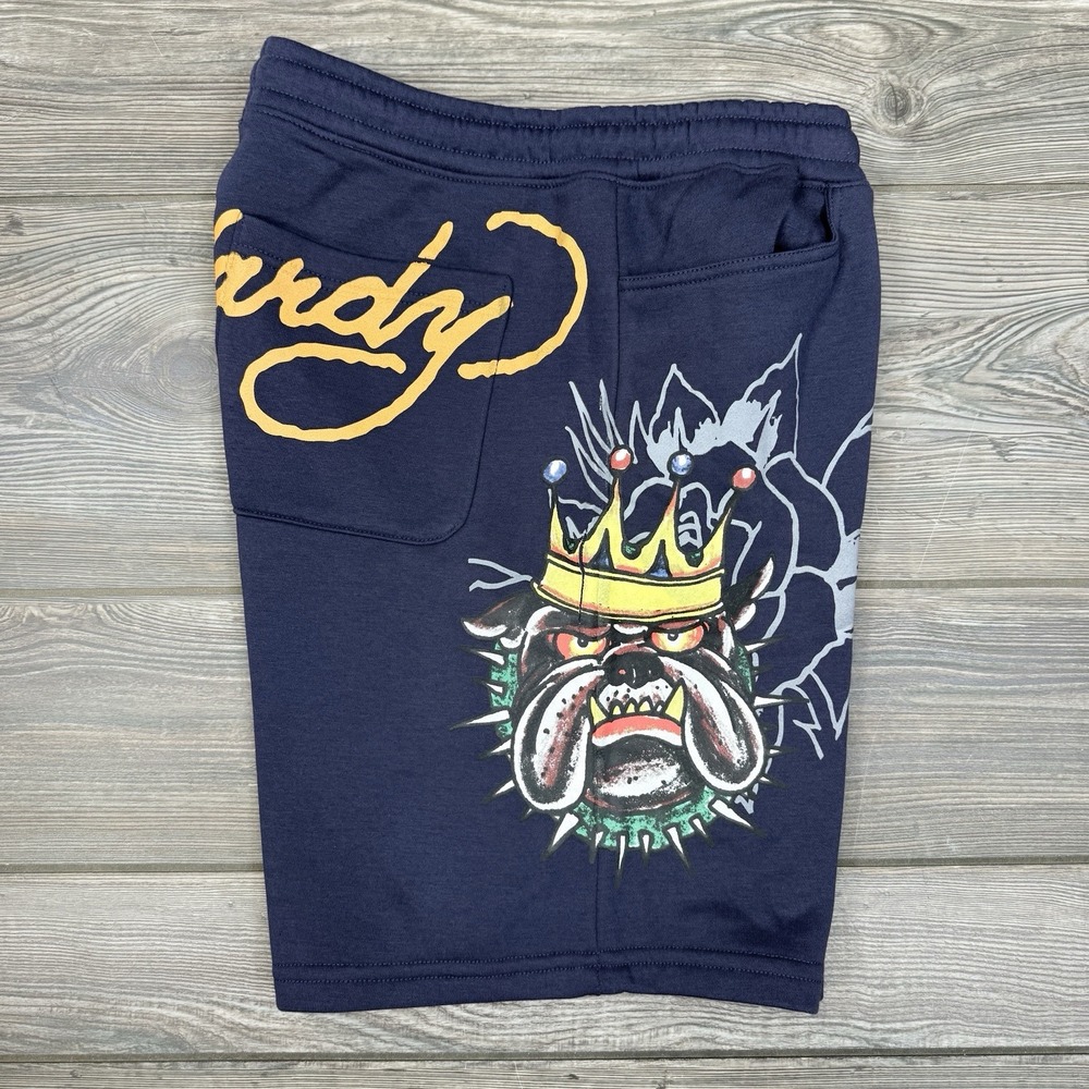 Ed Hardy Fleece Sweats Shorts Graphic Bulldog  Drawstring Navy Mens LARGE NWT - Picture 7 of 8